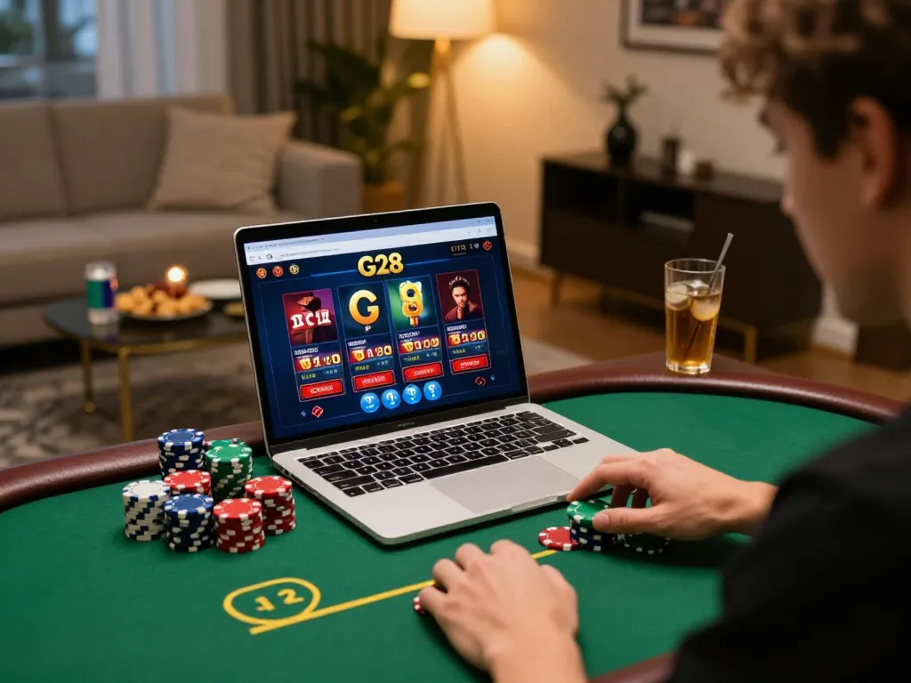 Engaged player using G28 com at home, showcasing online gambling strategy in a cozy setting
