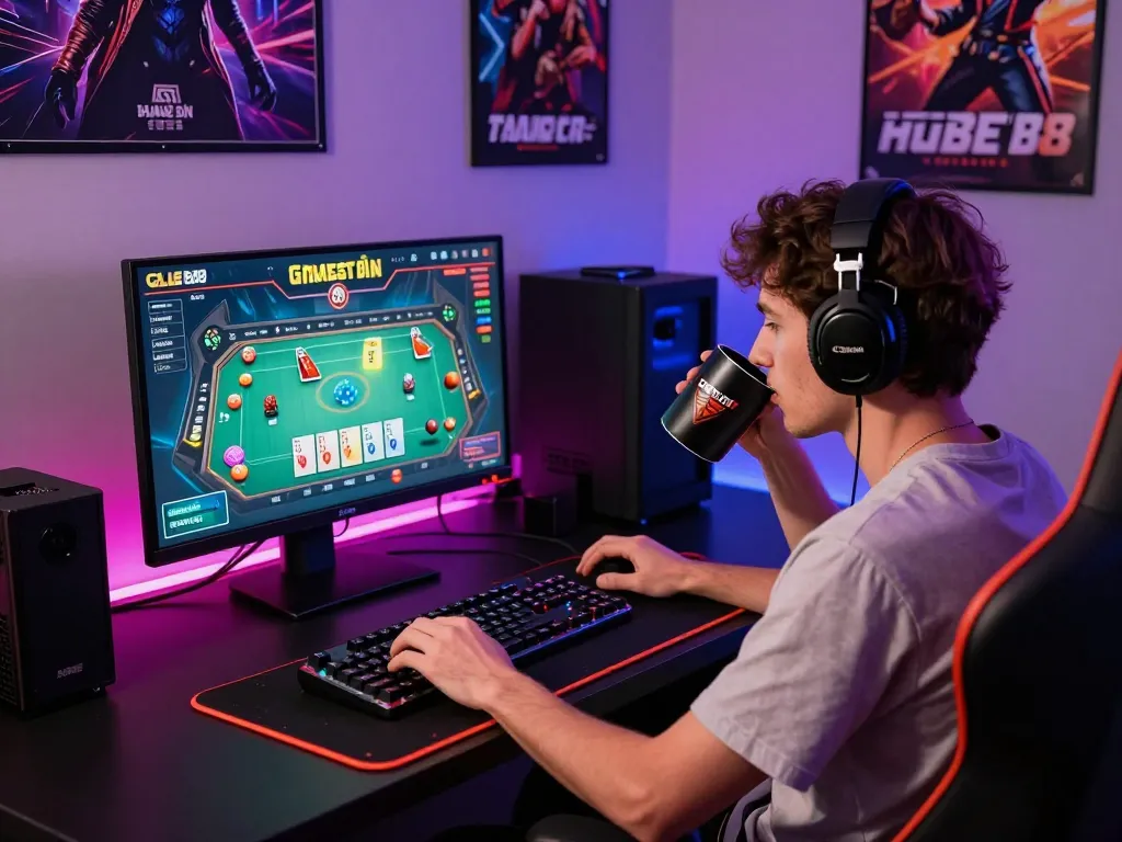 Engaging scene of a player enjoying GAME BÀI hubet88 at home, showcasing gaming setup with vibrant colors and gaming tools.