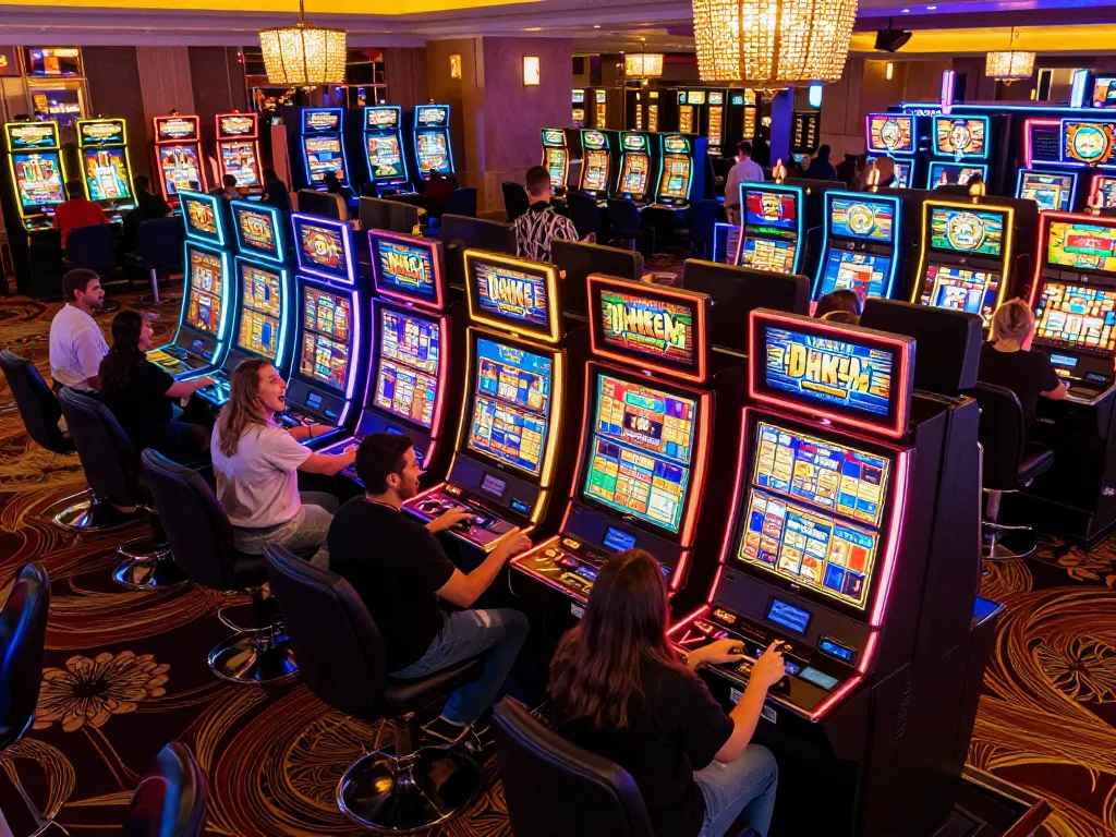 Players engaging with vibrant slot machines illuminated with neon lights at a lively casino.