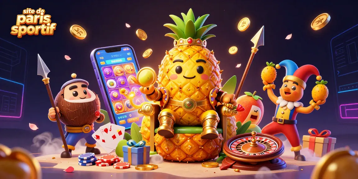 Pariez sur le site de paris sportif avec le roi ananas et son bouffon, entourés de jeux colorés.