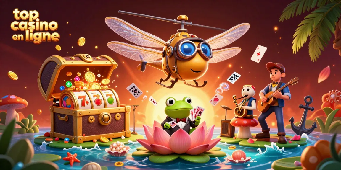 Top casino en ligne : Le dragon volant, le croupier grenouille et les musiciens jazz créent une scène animée.