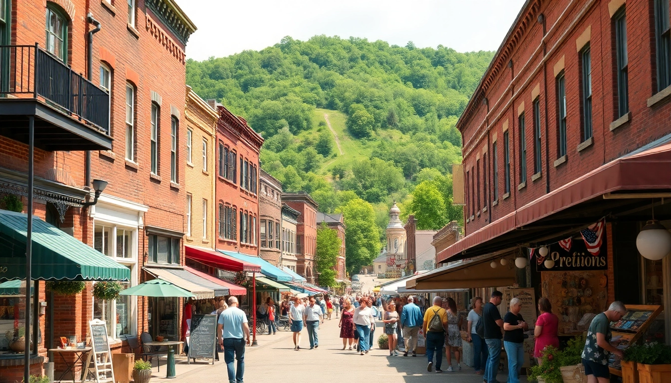 View of Clarksburg’s historic streets bustling with community life and local vendors.