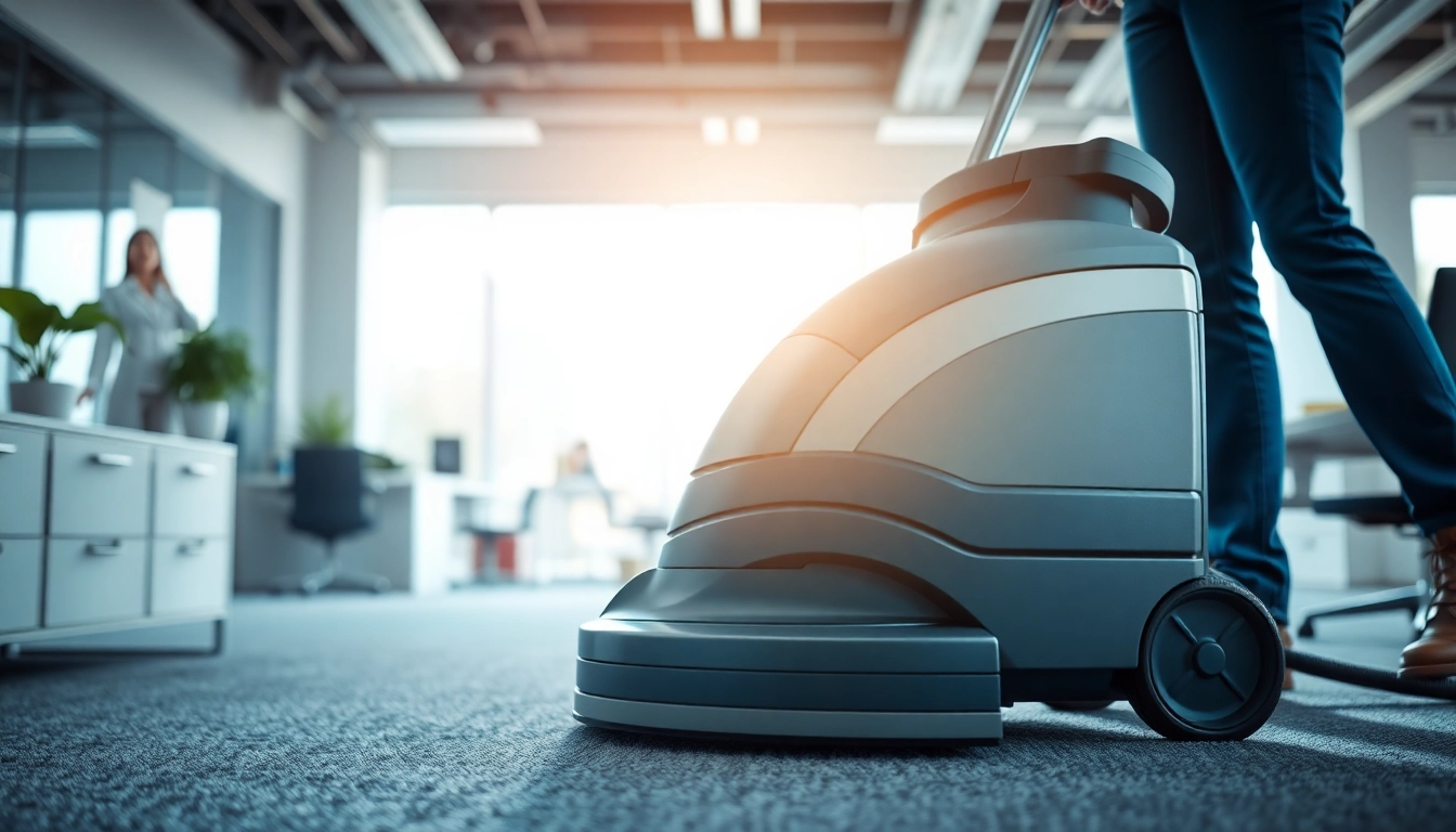 Commercial carpet cleaners revitalizing an office space with advanced cleaning equipment.