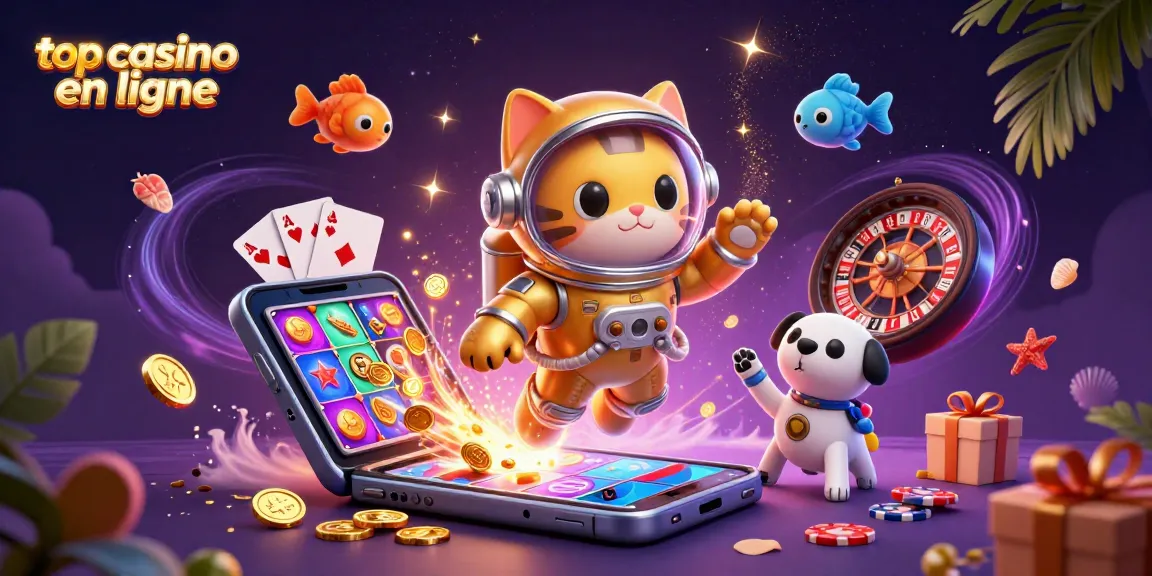 Vivez l'expérience des jeux au top casino en ligne avec des personnages animés et des éléments de casino colorés.