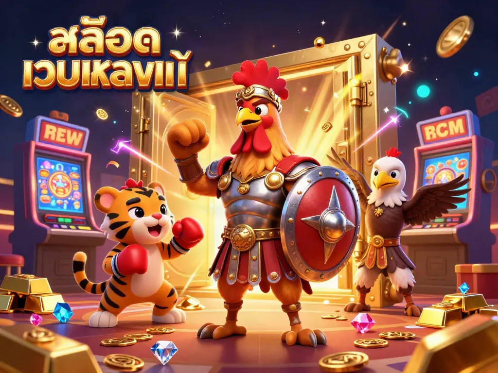 สล็อตเว็บตรงแท้ ในภาพ 3D แสดงการต่อสู้ในคาสิโนที่เต็มไปด้วยสล็อตแมชชีน