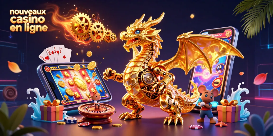 Accédez à l'univers des nouveaux casinos en ligne avec une illustration dynamique d'un dragon mécanique et des jeux de casino.