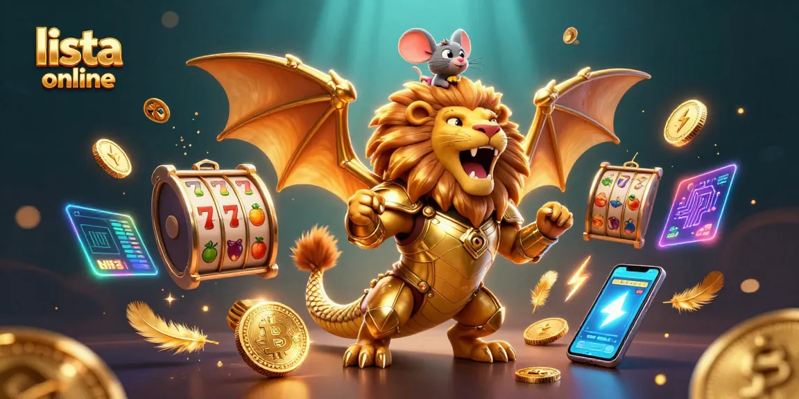 Explora la lista casinos online con símbolos de tragaperras y monedas de criptomonedas brillando entre criaturas fantásticas.