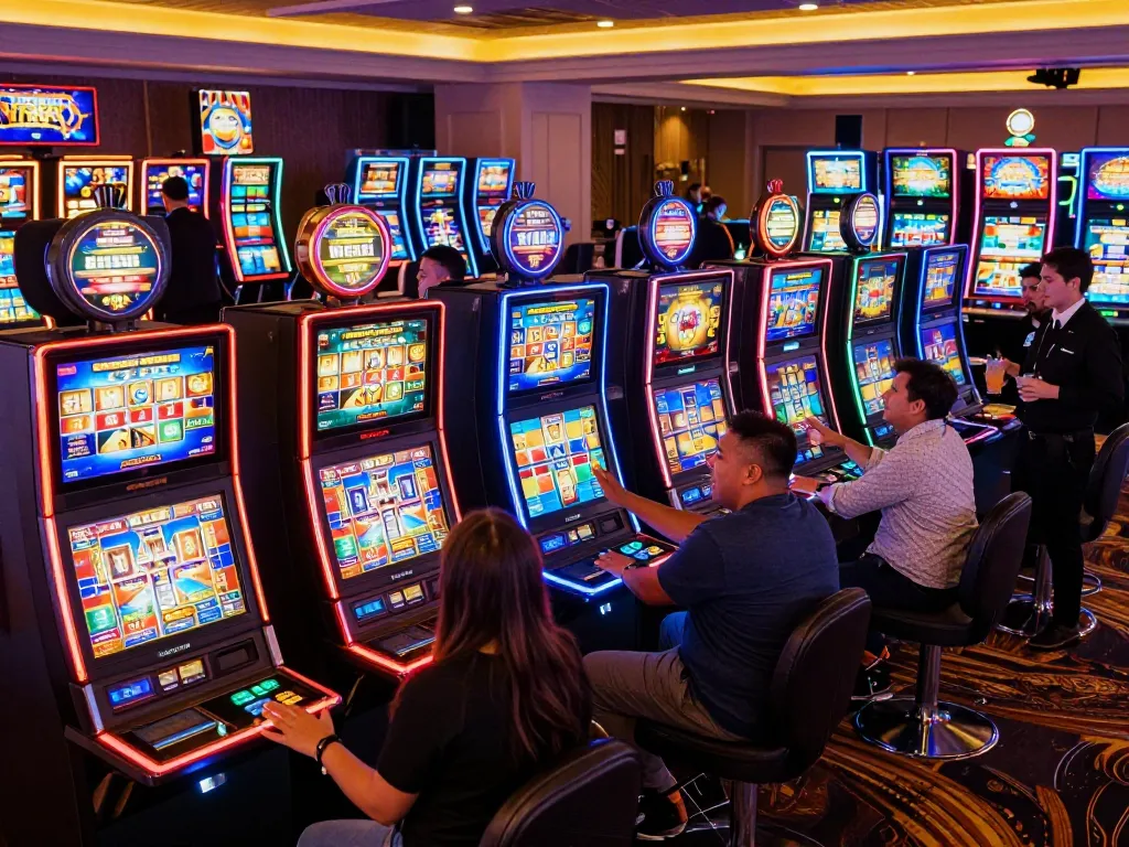 Players spinning slots at a lively casino, showcasing vibrant machines and excitement in the atmosphere.