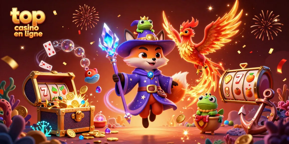 Explorez les trésors des jeux avec le top casino en ligne, illustré par un renard sorcier et un phénix.