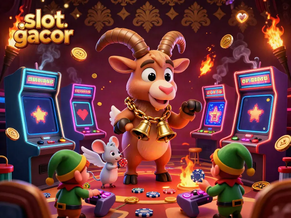 Experience the excitement of slot online gacor with a cartoon Krampus goat managing a chaotic casino scene.