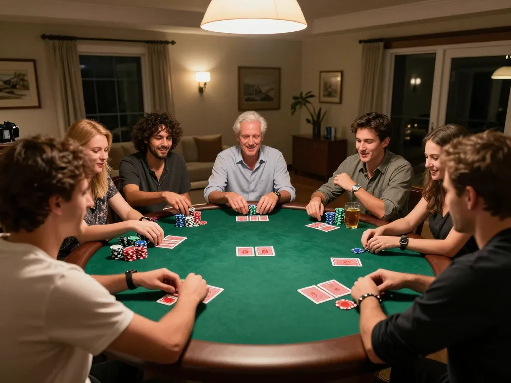 Friends enjoying a lively poker game at home, highlighting casino italiani non aams atmosphere and strategic gameplay.