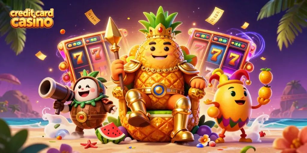 Engaging scene at a credit card casino, featuring a golden pineapple king, vibrant slot reels, and lively characters.