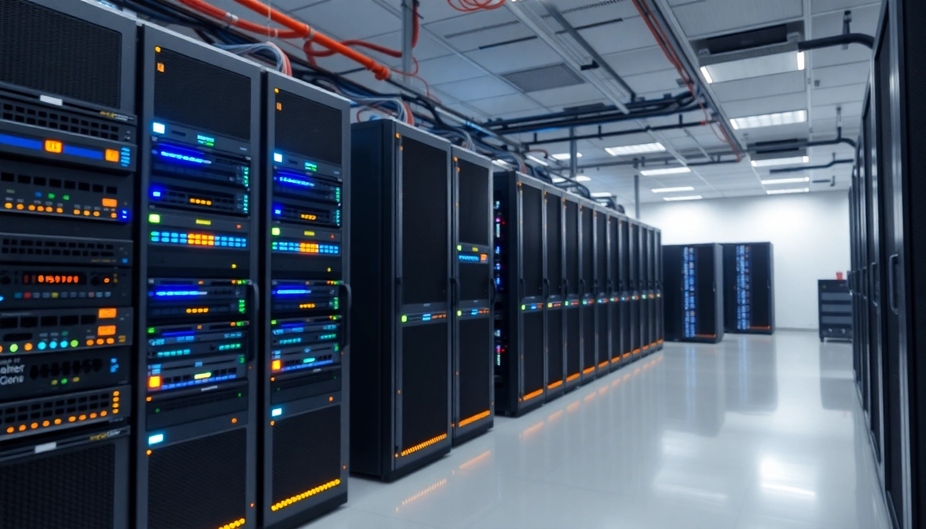 Showcasing a sophisticated network infrastructure within a modern data center, featuring interconnected hardware and bright LED indicators.