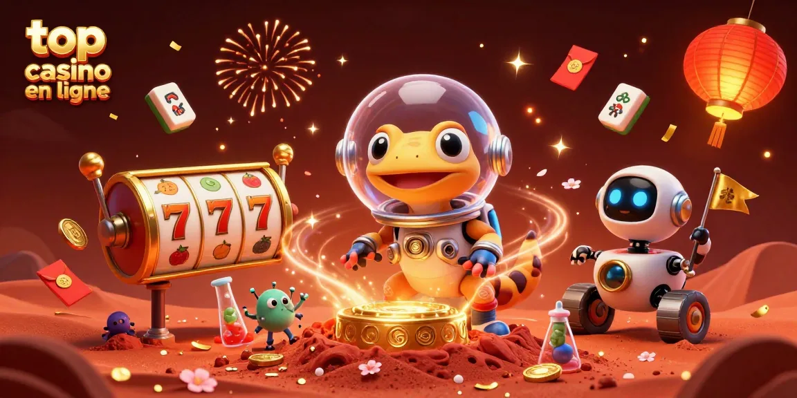 Les martiens célèbrent un top casino en ligne avec des symboles de chance et des feux d'artifice.