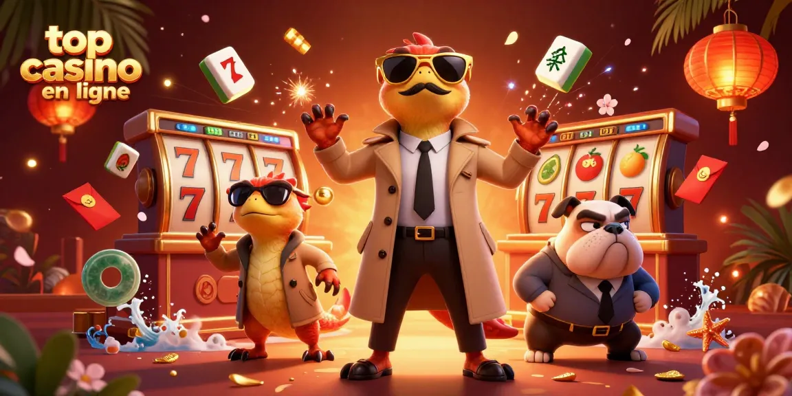 Scène dynamique avec des raptors déguisés entrant dans un meilleur casino en ligne, entourés d'éléments de jeu