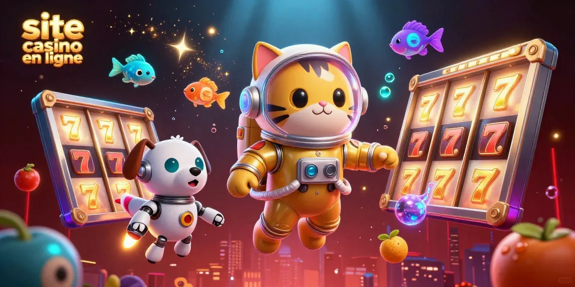 Images d'un site de casino en ligne avec un chat astronaute et un chien robot flottant.