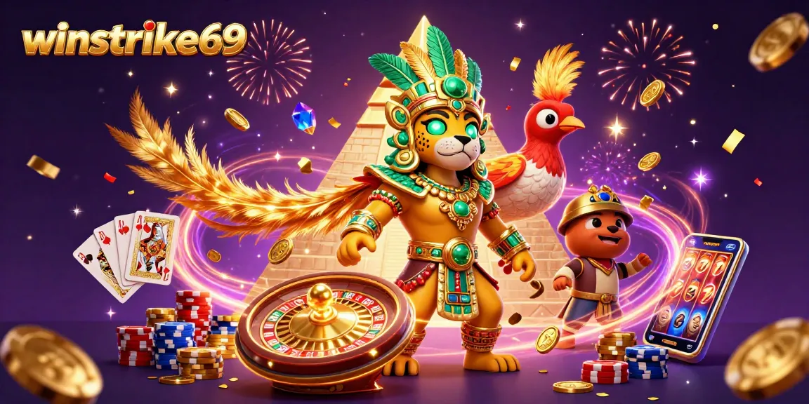 Winstrike69 shines with vibrant casino elements, featuring a Mayan jaguar priest, gold coins, and a roulette wheel.