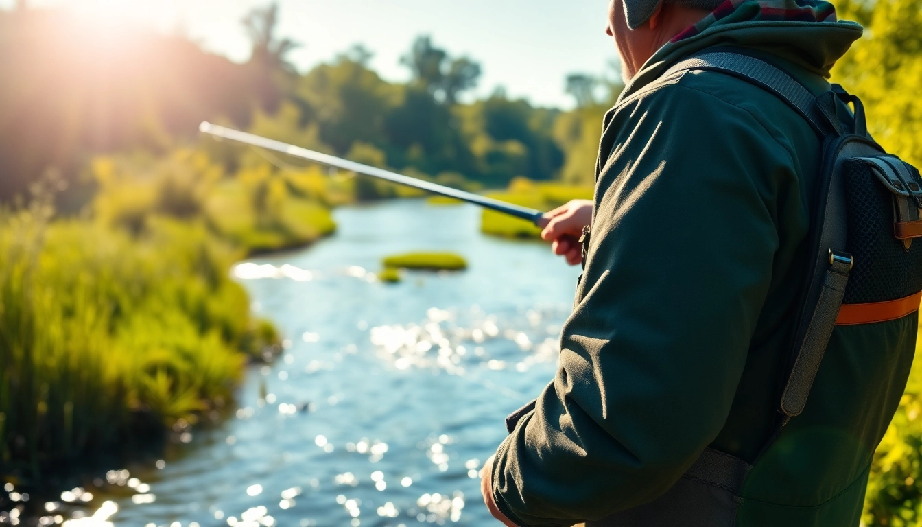 Fisherman showcasing fly fishing apparel while casting in nature.