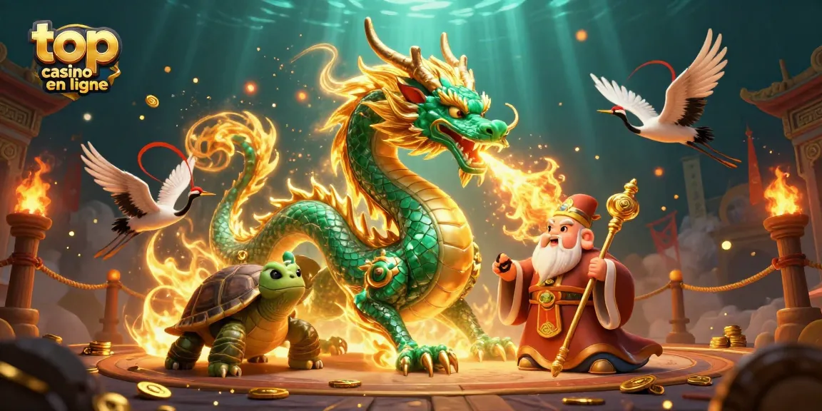 Découvrez le top casino en ligne avec un dragon émeraude et une tortue sage au milieu d’une scène dynamique