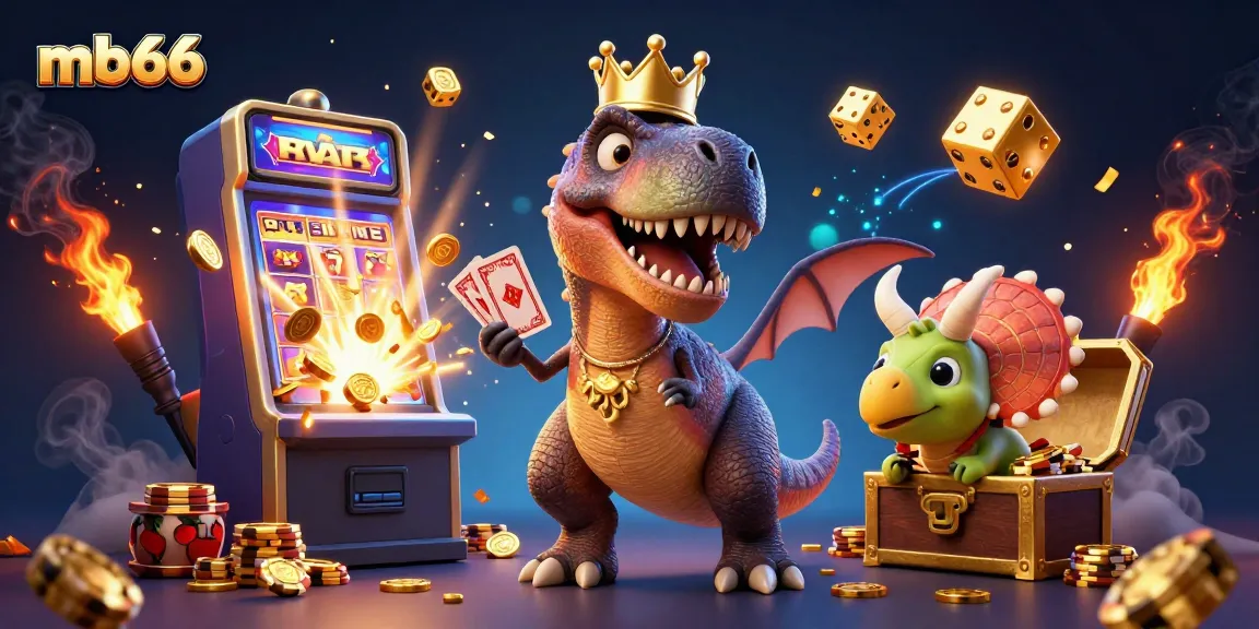 Experience excitement at mb66 with a vibrant 3D casino scene filled with colorful games and characters.