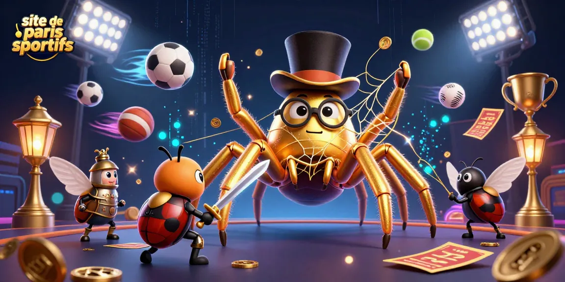 Paris sportifs captivants illustrés par une araignée dorée et un chevalier coléoptère dans un décor de casino.