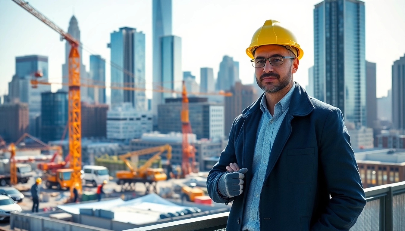 New York Construction Manager supervising an urban construction site with workers and cranes.