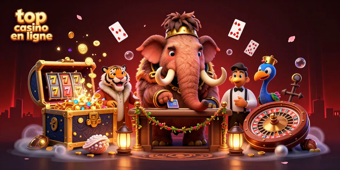 Faites l'expérience du top casino en ligne avec un mammouth bouncer et un tigre VIP dans une illustration 3D pétillante.
