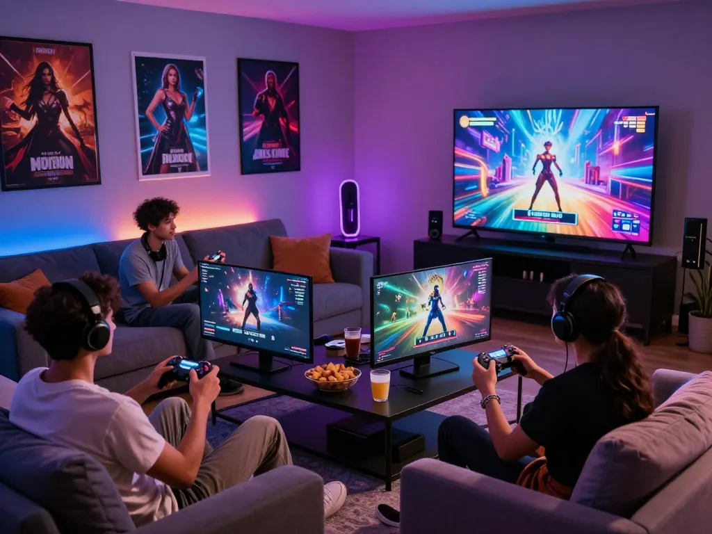 Engaging scene of gamers enjoying sex games online with snacks and colorful lighting.