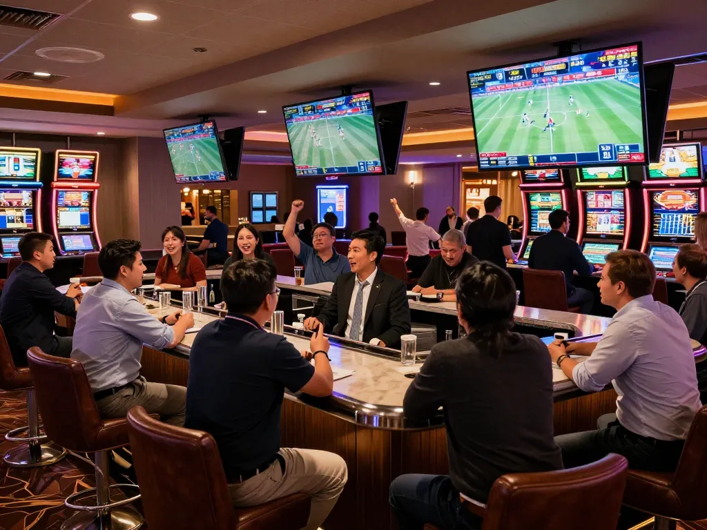 Sports betting scene showcasing engaging bookmakers stranieri atmosphere with fans analyzing live events.