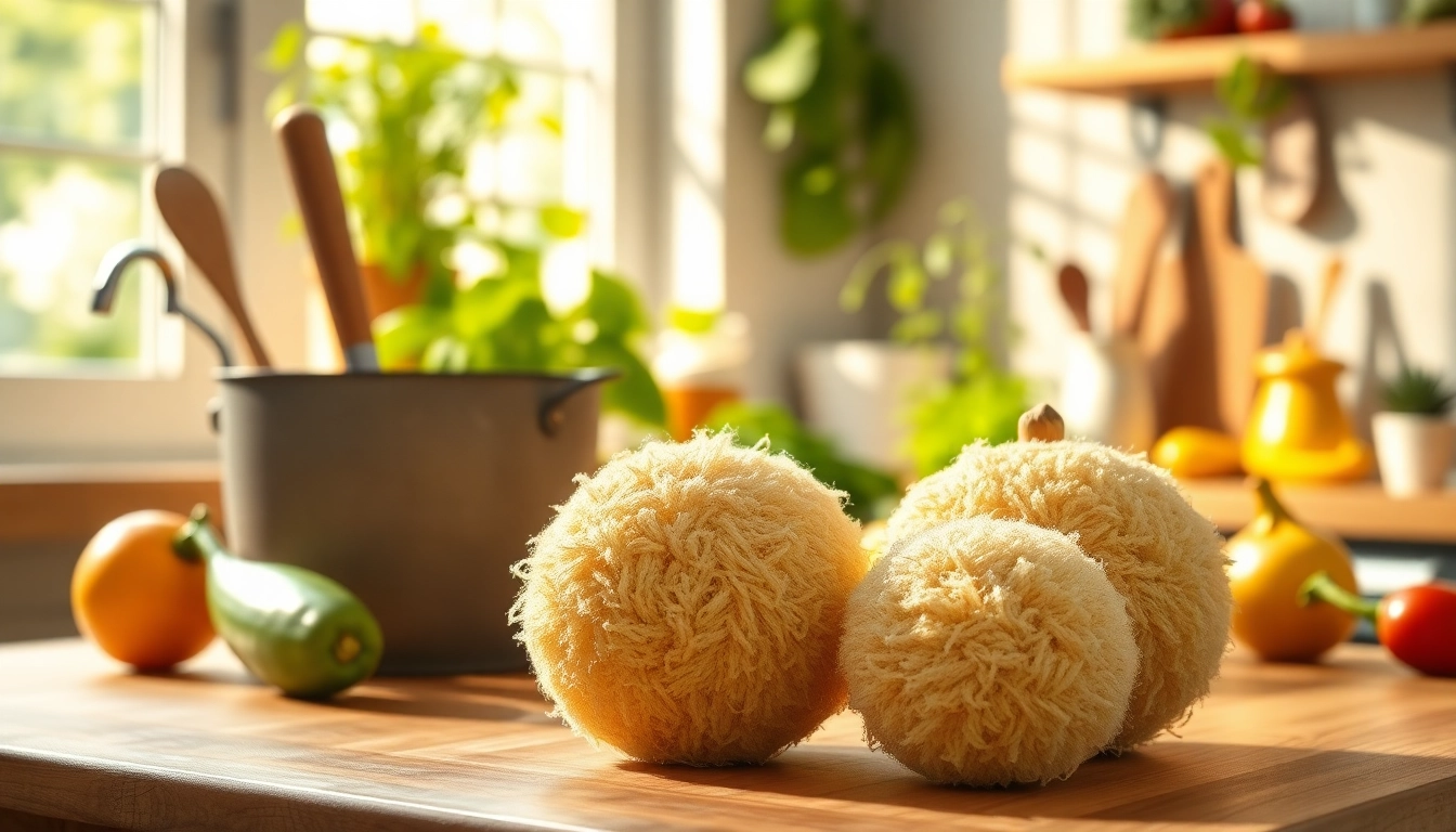 Transform your cleaning routine with a kitchen loofah scrubber set against fresh vegetables.