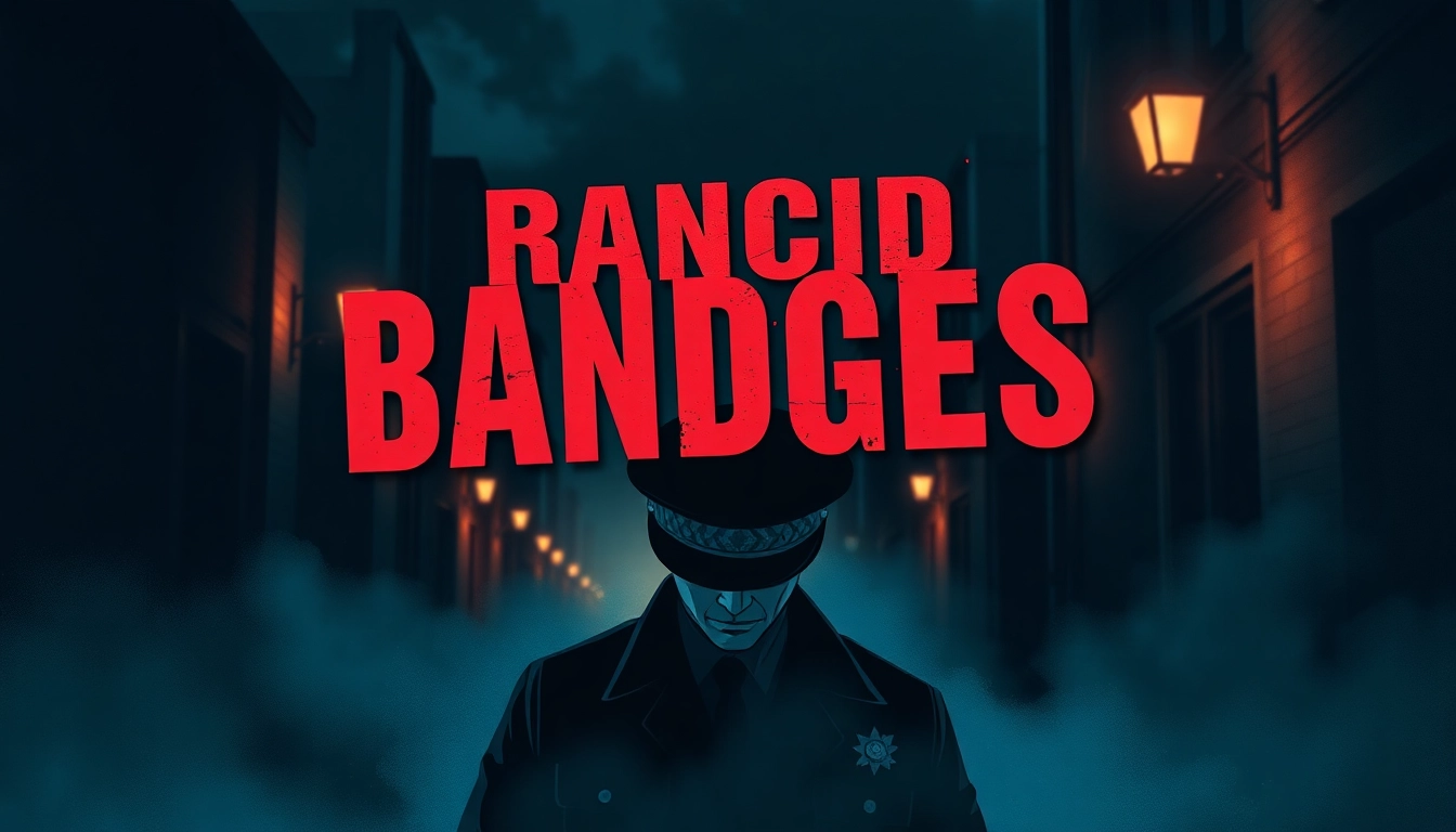 Unveil the suspense in Rancid Badges featuring a shadowy police figure and urban backdrops.