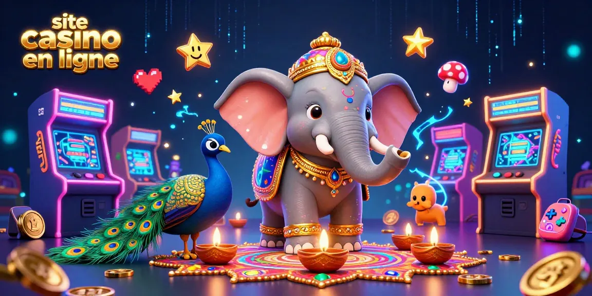 Jouez sur un site casino en ligne avec un éléphant coloré et des machines à sous scintillantes.