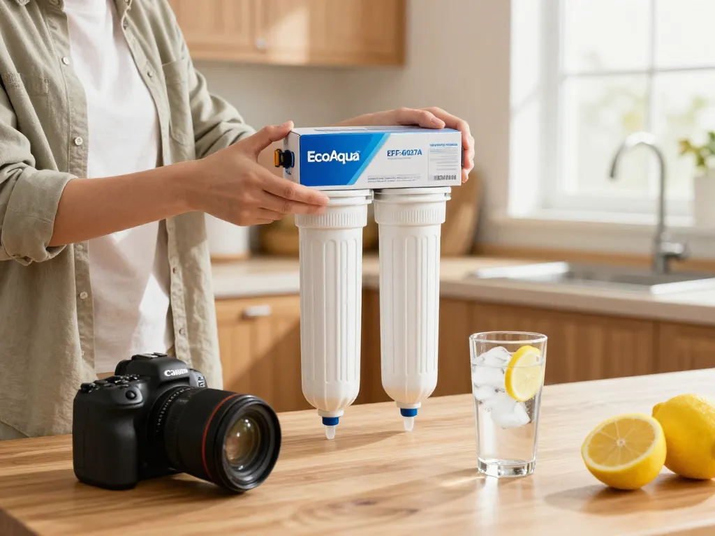 Person installing EcoAqua EFF-6027A Replacement Filter in a bright kitchen for clean drinking water