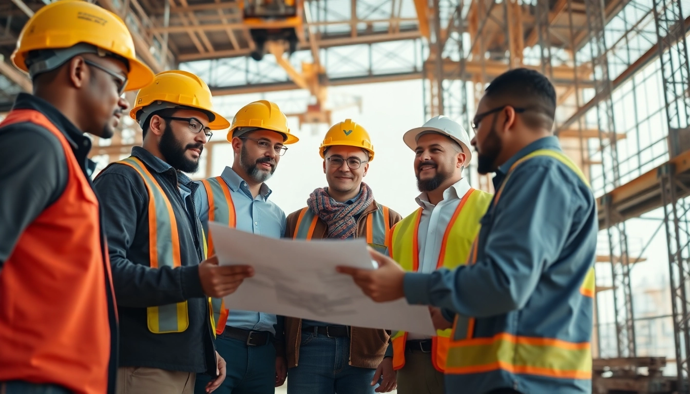 Construction career teamwork on-site with diverse professionals reviewing blueprints.