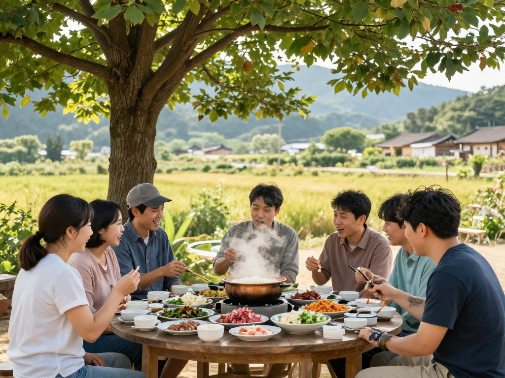 달토 쌀과 함께하는 전통 식사 장면, 한국 시골의 친구들과 함께하는 편안한 분위기