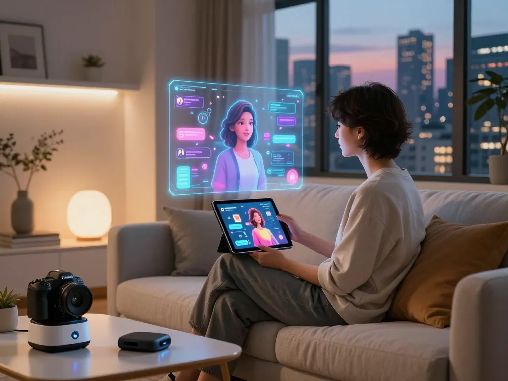Interactive scene of a person engaging with an AI girlfriend in a modern apartment
