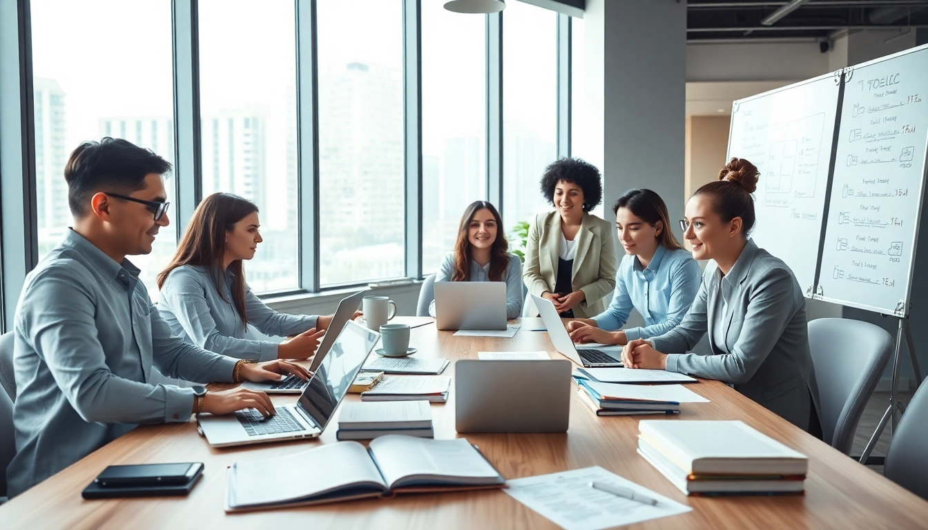 Dynamic group of TOEIC test takers for hire collaborating in a bright office setting.