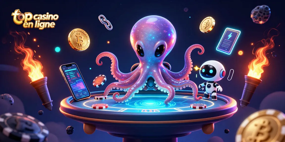 Top casino en ligne : l'illustration dynamique d'un octopus extraterrestre au poker avec des éléments de cryptomonnaie.