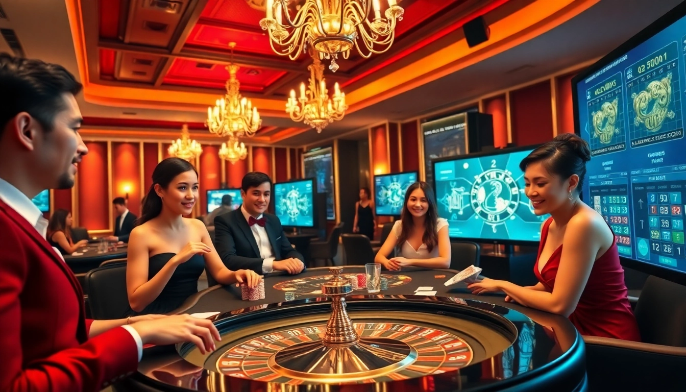 Joueurs engagés profitant de divers jeux dans une ambiance vibrante de casino en ligne Français, illustrant l'excitation et le luxe.