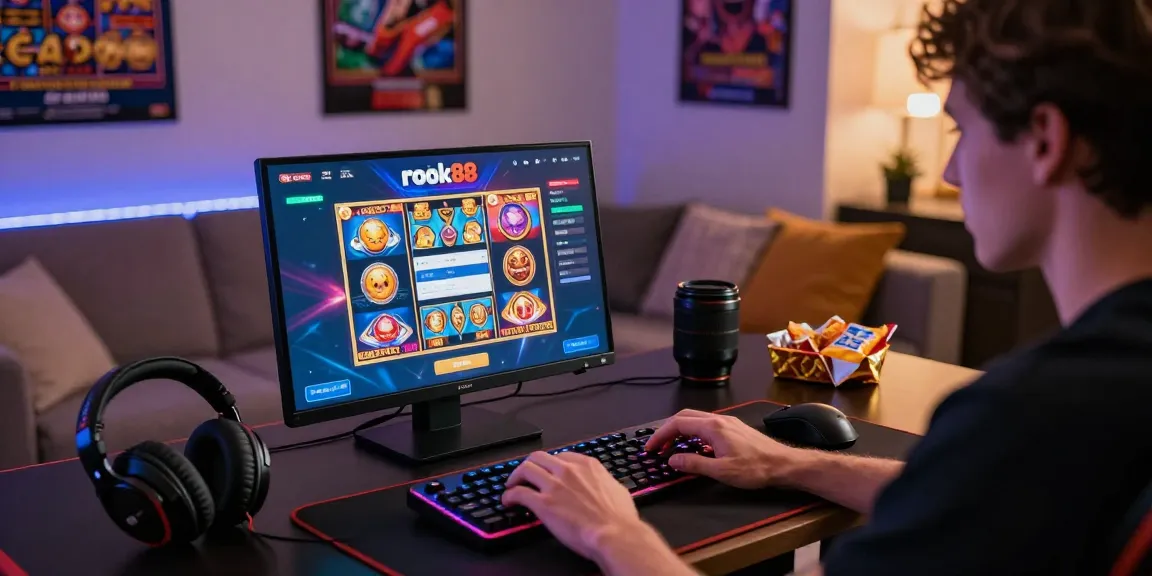 Player engaged in rokok88 slot login on laptop, vibrant gaming setup showcasing exciting online slots.