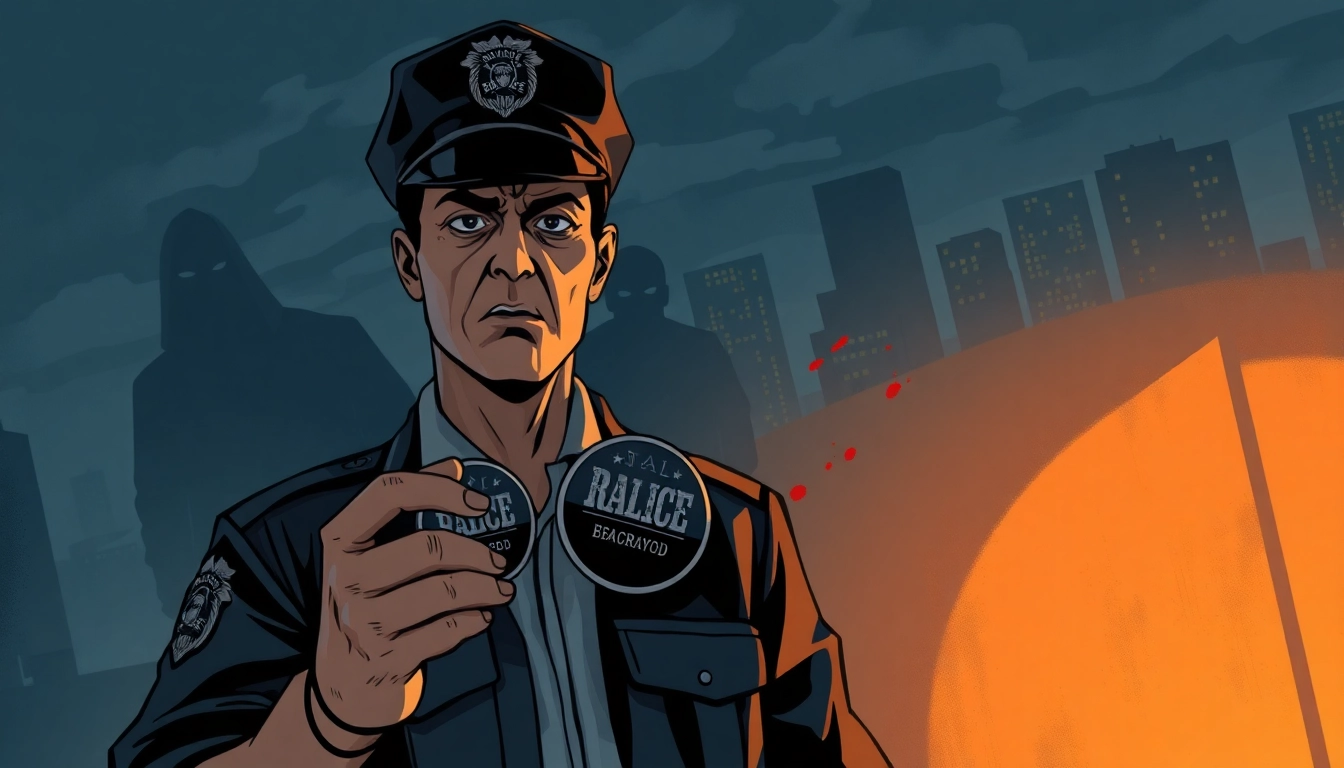 Police officer holding the Rancid Badges symbolizes betrayal and urgency in a crime scene.