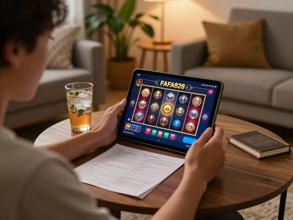 Player enjoying FAFA828 online gaming experience on tablet with strategy notes visible.