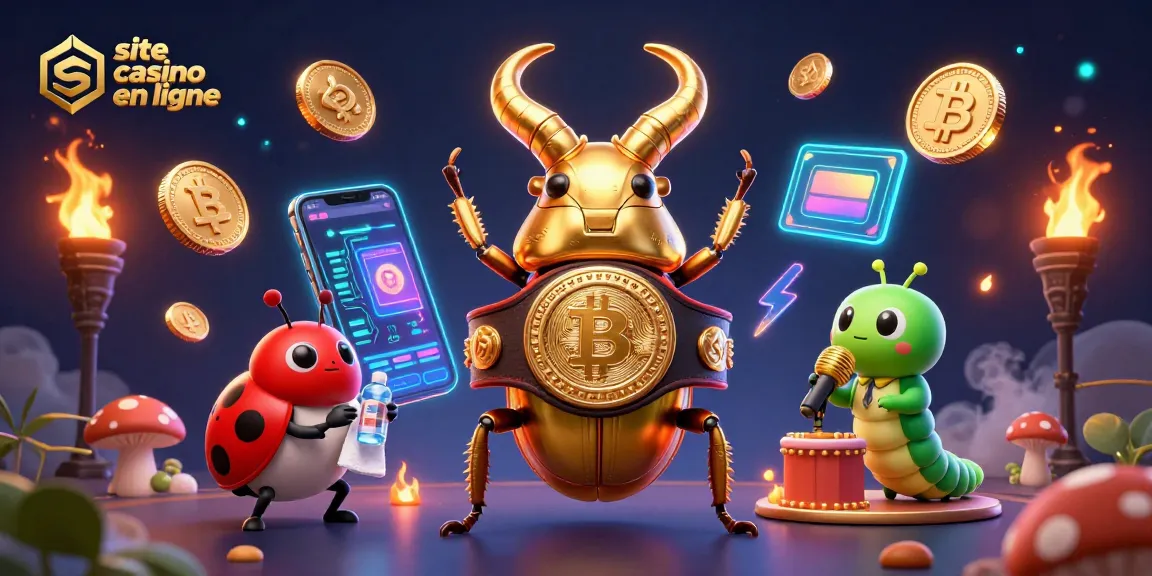 Explorez le site casino en ligne avec des éléments animés captivants comme des pièces de Bitcoin et une ambiance colorée.