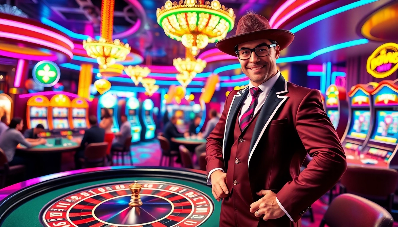 Engaging depiction of a Vegas hero at a lively casino, showcasing excitement and adventure.
