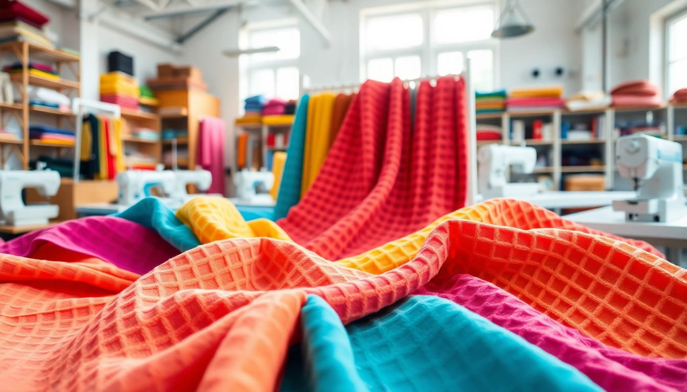 Bekijk wafelstof in verschillende kleuren en texturen in een creatieve stoffenwerkplaats.