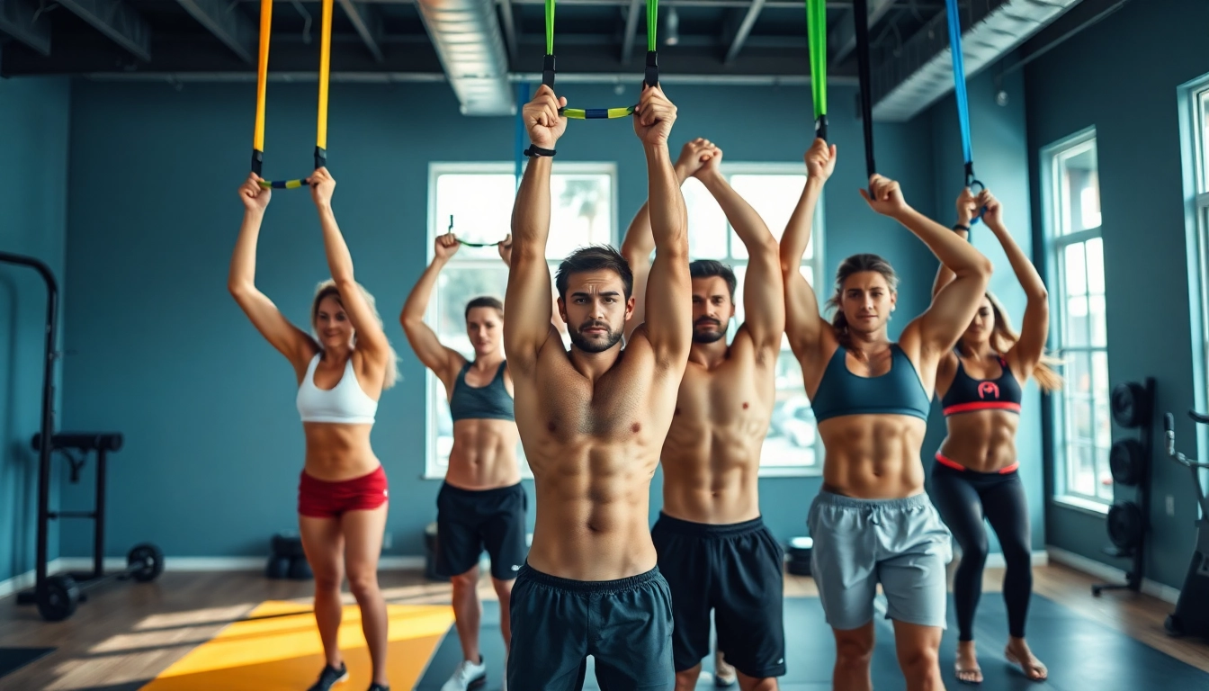 Dynamic fitness scene showcasing resistance bands for pull-ups in a gym environment with diverse individuals.