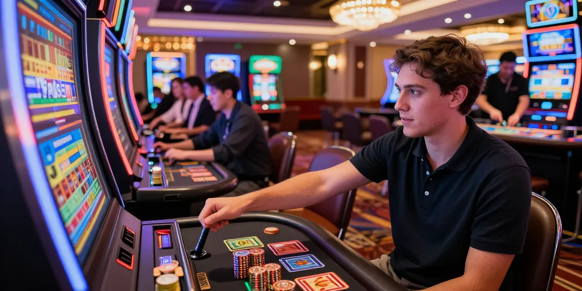 Engaged player at a slot server Kamboja machine in a vibrant casino atmosphere.