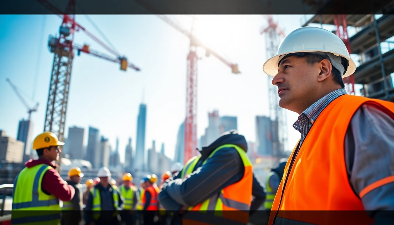 New York City Construction Manager directing a construction project amidst a bustling urban backdrop.