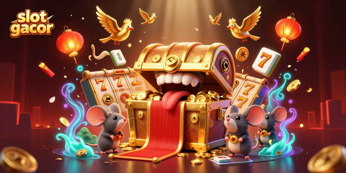 Spin and win big with slot gacor featuring a vibrant golden treasure chest luring mice for riches.