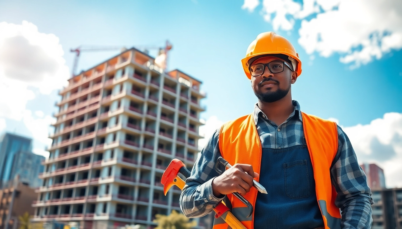 Construction career in action with a professional worker showcasing tools and safety gear.